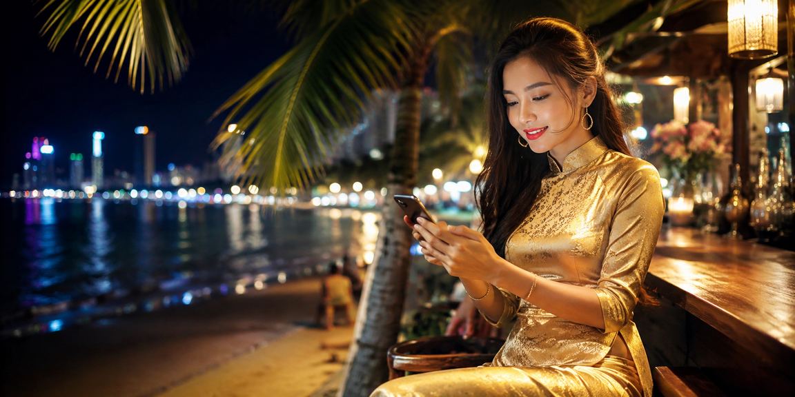 Người phụ nữ mặc áo dài tại Nha Trang theo dõi kết quả Sports Betting trên điện thoại